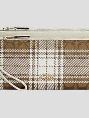 Coach - Double Zip Wallet In Signature Canvas With Hunting Fishing Plaid Print